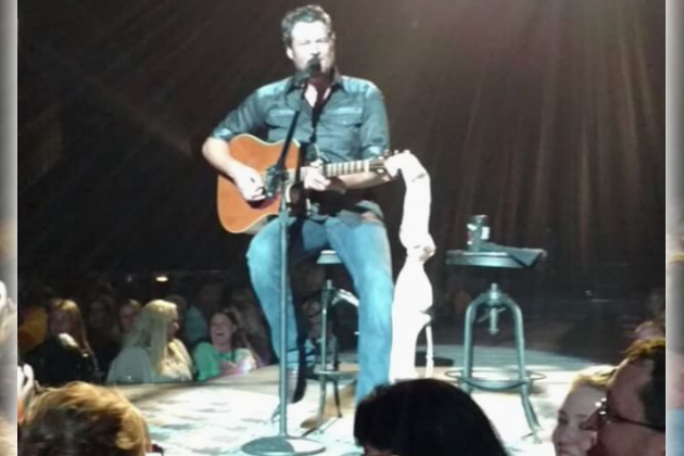 Blake Shelton on stage with a bra on his guitar