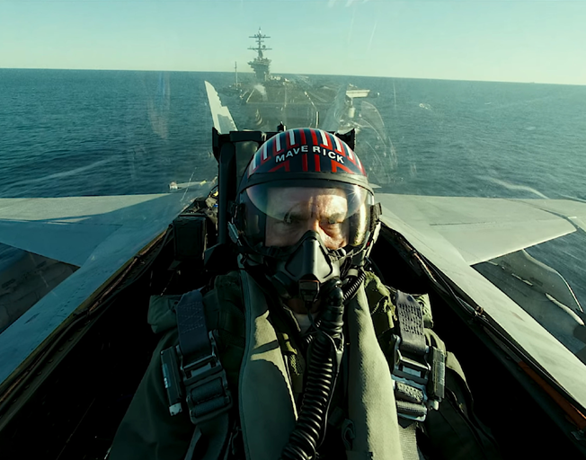 Tom Cruise as Pete "Maverick" Mitchell flying a fighter jet in 'Top Gun: Maverick'
