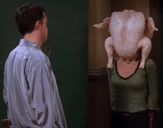 Chandler and Monica (with a turkey on her head) on 'Friends' sitcom
