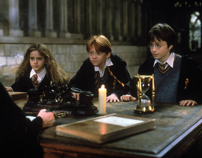 'Harry Potter and the Sorcerer's Stone' movie characters (L-R) Hermione Granger, Ron Weasley and Harry Potter