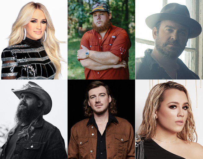 (Top, L-R) Carrie Underwood, Luke Combs, Lee Brice (Bottom, L-R) Chris Stapleton, Morgan Wallen, Gabby Barrett