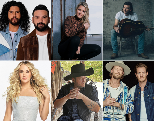 (Top, L-R) Dan + Shay (Dan Smyers and Shay Mooney), Gabby Barrett, Morgan Wallen (Bottom, L-R) Carrie Underwood, Blake Shelton, Florida Georgia Line (Brian Kelley and Tyler Hubbard)