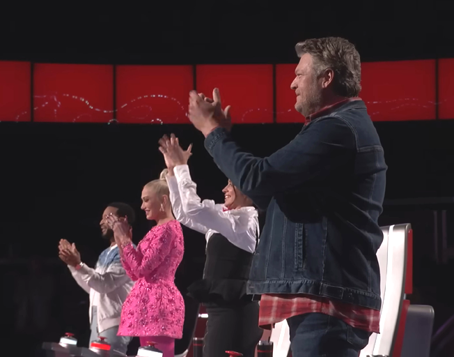 (L-R) John Legend, Gwen Stefani, Camila Cabello and Blake Shelton standing and applauding on 'The Voice'