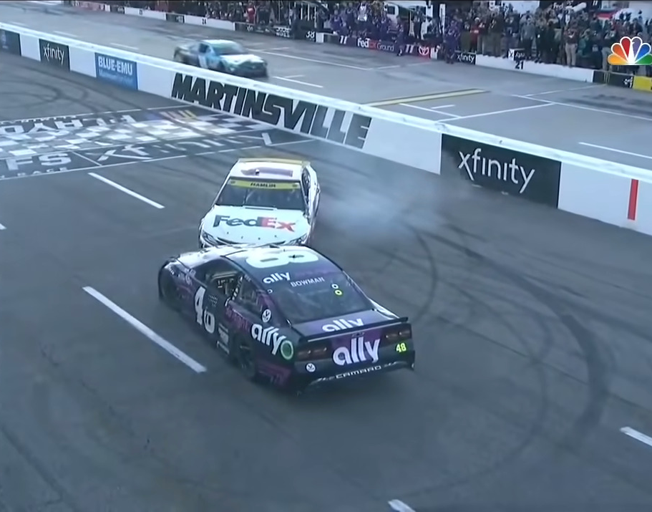 Denny Hamlin's car nose-to-nose with Alex Bowman's car at Martinsville Speedway following 2021 Xfinity 500 10-31-21