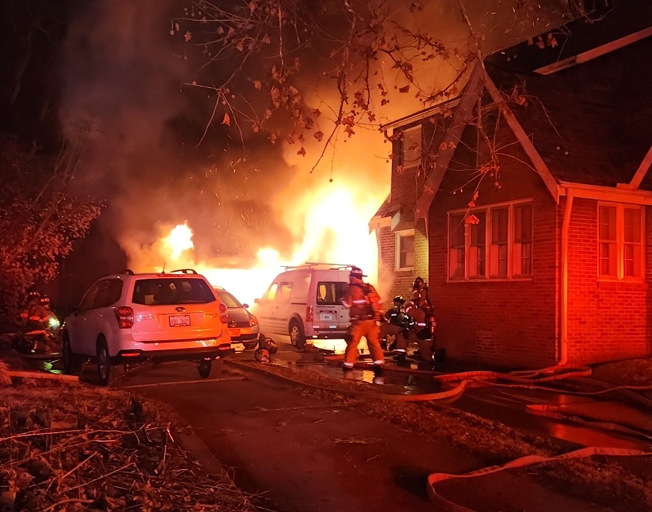 Garage on fire at at 507 E Walnut St. in Bloomington, IL