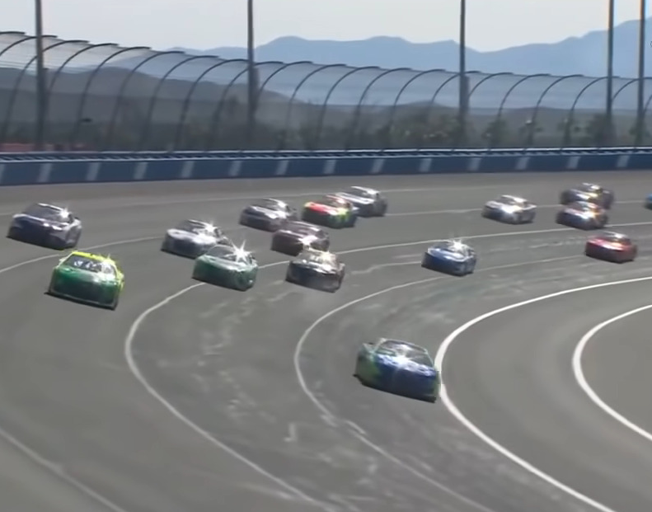 NASCAR Cup Series cars racing at Auto Club Speedway 2-27-22