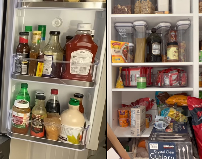 Shelves on a refrigerator and shelves in a pantry
