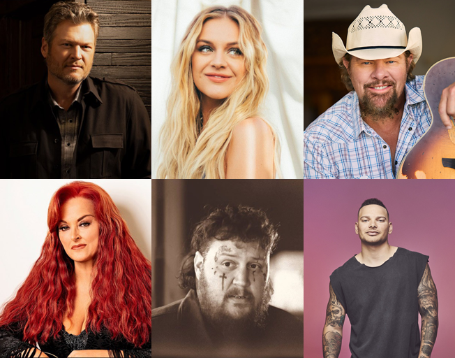 Top (L-R) Blake Shelton, Kelsea Ballerini, Toby Keith; Bottom (L-R) Wynonna Judd, Jelly Roll, Kane Brown