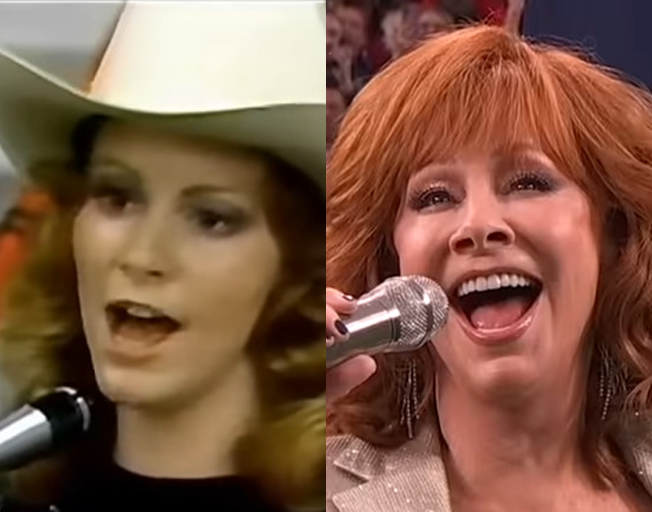 Reba singing the National Anthem in 1974 at NFR and 2024 at Super Bowl LVIII